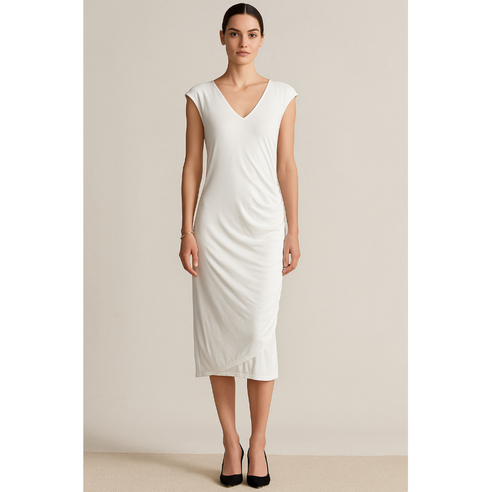 Ralph Lauren Black Label M Ruched T-Shirt Dress BodyCon Knee Length White